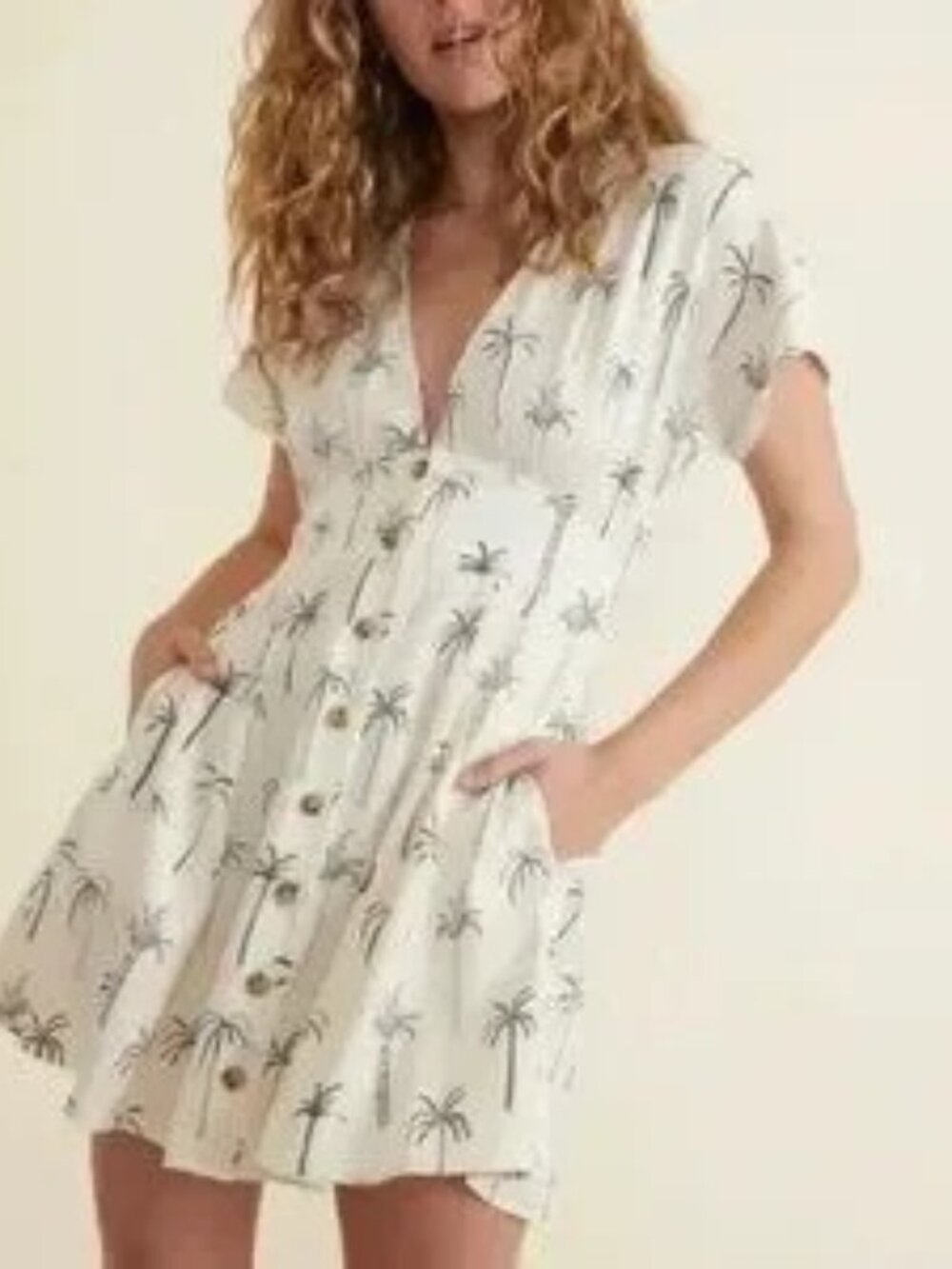 Marine Layer Camila Button Front Mini Dress in cream with black palm print